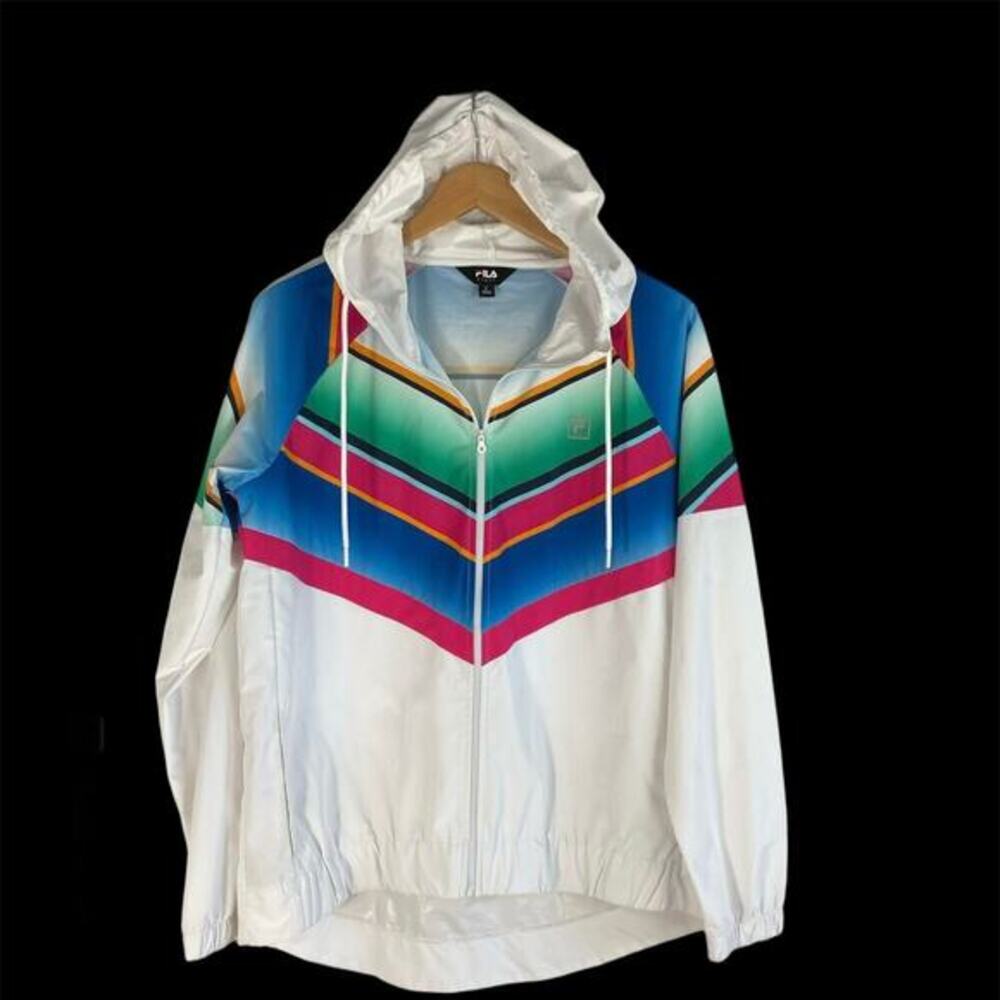 FILA Y2K Windbreaker Anorak Hooded Jacket Women‎ L Rainbow Striped Sportswear